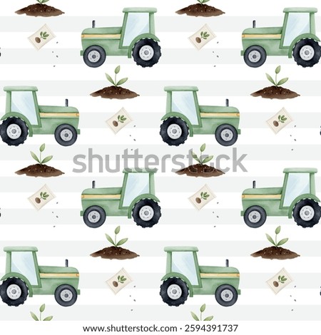 Seamless pattern with watercolor tractor and green plants. Farm pattern. Agricultural watercolor background