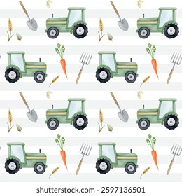 Seamless pattern with watercolor tractor and vegetables. Farm pattern. Agricultural watercolor background