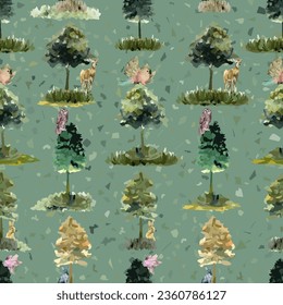 Seamless Pattern Watercolor Trees and Animals