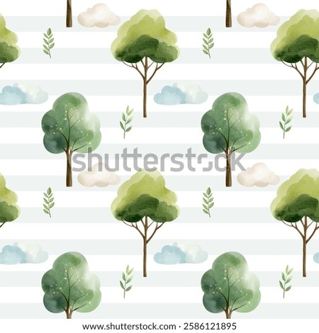 Seamless pattern with watercolor trees and clouds. Watercolor fairy woodland. Hand drawn forest background. 