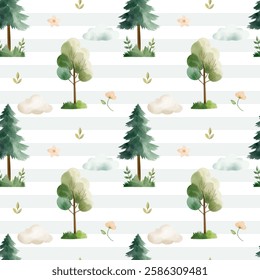 Seamless pattern with watercolor trees and plants. Watercolor fairy woodland. Hand drawn forest background. 