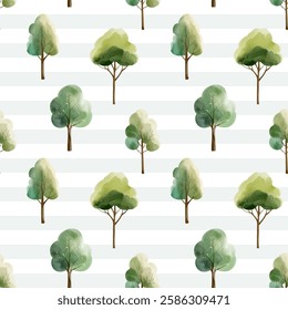 Seamless pattern with watercolor trees. Watercolor woodland. Hand drawn forest backgrounds. 