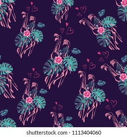 Seamless pattern with watercolor tropical birds in flowers. Colorful hand drawn vector endless background with pink flamingo birds and monstera leaves.