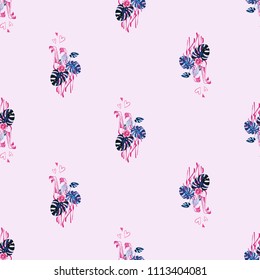 Seamless pattern with watercolor tropical birds in flowers. Colorful hand drawn vector endless background with pink flamingo birds and monstera leaves.