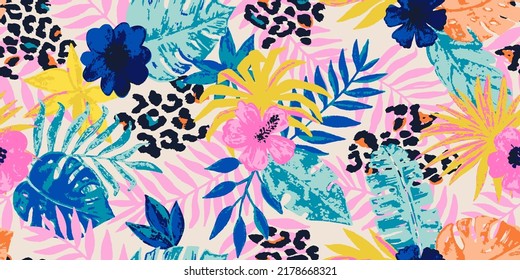 Seamless pattern with watercolor tropical leaves and hand drawn leopard spots. Floral background for the design of textiles, covers, wallpapers, fabric, promotional material and more. Vector illustrat