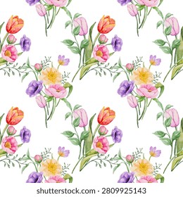 Seamless pattern with watercolor tulips, peonies, and anemones. Beautiful spring flower bouquets and green leaves vector illustration isolated on white background.