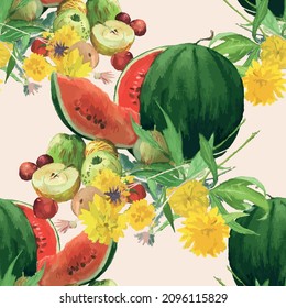 Seamless pattern of watercolor vector drawing of still life with ripe watermelon, fruits and yellow flowers