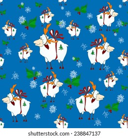Seamless  pattern with watercolor vector snowflakes and sheep