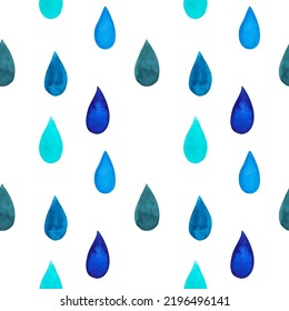 Seamless Pattern with watercolor water drops. Rain. For printing wrapping paper, wallpaper, packaging, fabric. Hand Drawn vector illustration.