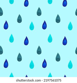 Seamless Pattern with watercolor water drops. Rain. For printing wrapping paper, wallpaper, packaging, fabric. Hand Drawn vector illustration.