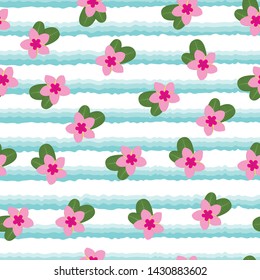 Seamless pattern with watercolor water waves and plumeria flowers