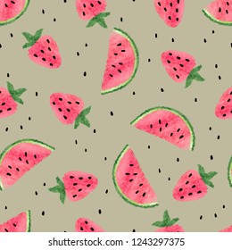 Seamless pattern with watercolor watermelon and strawberry.