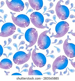Seamless pattern: watercolor whales. Vector illustration