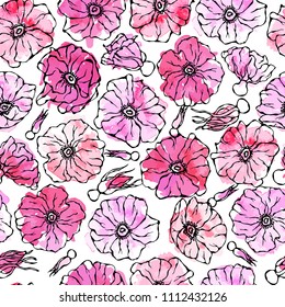 Seamless Pattern Watercolor Wild Rose Pink Flower. Dog Rose, Briar Leaf. Botanical Painting. Realistic Hand Drawn Illustration. Savoyar Doodle Style.