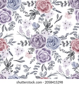 seamless pattern of watercolor winter rose and leaves