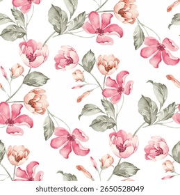 A seamless pattern of watercolor-style flowers and foliage. The flowers are various shades of pink and peach, with a soft, slightly muted color palette. The flowers have a rounded, full blossom shape.