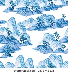 Seamless pattern with watercolour Chinese mountains. Vector