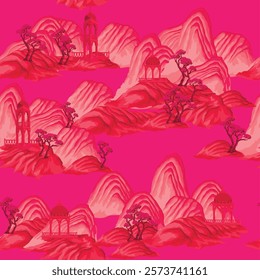Seamless pattern with watercolour Chinese mountains. Vector