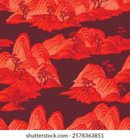 Seamless pattern with watercolour Chinese mountains. Vector