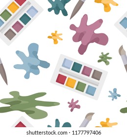 Seamless pattern with watercolours palette, paint brushes and watercolour blobs on a white background.Flat cartoon style vector illustration.
