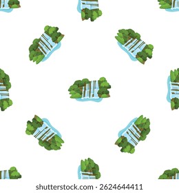 Seamless pattern of waterfall flowing over rocks in green forest, beautiful landscape background, vector illustration