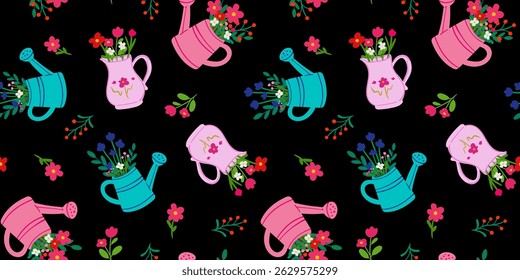 seamless pattern, watering can with bouquet of flowers, spring summer romantic cottage style vintage design black background