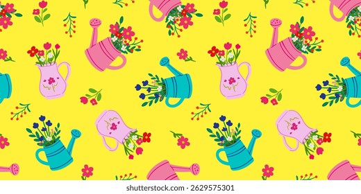 seamless pattern, watering can with a bouquet of flowers, spring romantic cottage style vintage design bright yellow background