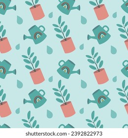 Seamless pattern. Watering can and ficus on a light blue background. Caring for house plants