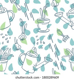 seamless pattern with watering can, flower pots with tulips, flower bulbs and colored drops on the background