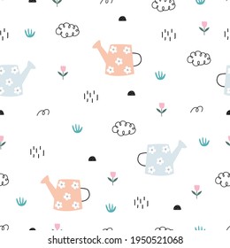 Seamless pattern Watering can with flowers decorative elements on nature background Vector colorful summer hand-drawn design flat style used for print, wallpaper, fabric, textile, wrapping paper