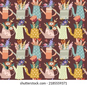 Seamless pattern with watering can and flowers. For textiles, packaging, wallpaper.