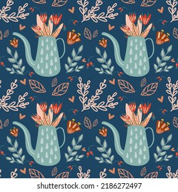 Seamless pattern with watering can and flowers. For textiles, packaging, wallpaper.