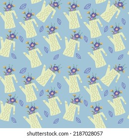 Seamless pattern with watering can and flowers. For textiles, packaging, wallpaper.