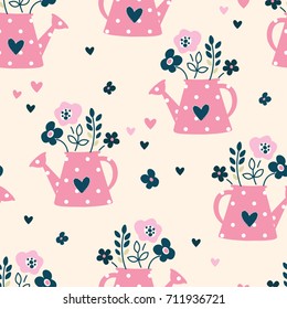 Seamless pattern with watering can and flowers