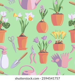 seamless pattern with watering can, garden tools and pots with spring flowers at green background, hand drawn illustration