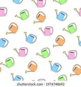 Seamless pattern with watering can. Gardening. For printing wrapping paper, wallpaper, packaging, fabric. Hand Drawn vector illustration.