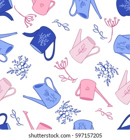 Seamless pattern, Watering can hand drawn vector doodle colorful sketch isolated on white, vintage art style, Scrapbook design gardening element for wedding invitation, greeting card, florist shop