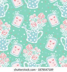 
Patrón sin foco de riego con rosas, tarros mágicos con corazones, vectores impresos para el Día de San Valentín, adorable patrón floral, delicado turquesa, estilo doodle.
