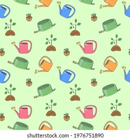 Seamless pattern with watering can, young plants and watering hose. Gardening. For printing wrapping paper, wallpaper, packaging, fabric. Hand Drawn vector illustration.