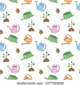 Seamless pattern with watering can, young plants and watering hose. Gardening. For printing wrapping paper, wallpaper, packaging, fabric. Hand Drawn vector illustration.