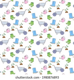 Patrón sin foco con lata de riego, plantas jóvenes, botas de goma y carretilla de jardín. Jardinería. Para imprimir papel envolvente, papel pintado, empaque, tela. Ilustración vectorial dibujada a mano.