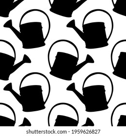 Seamless pattern with watering cans. Hand drawn outline vector background and texture in doodle style, isolated. Gardening tools for working in the garden, on the farm, in the dacha, country site