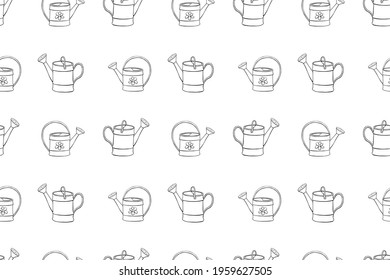 Seamless pattern with watering cans. Hand drawn outline vector background and texture in doodle style, isolated. Gardening tools for working in the garden, on the farm, in the dacha, country site