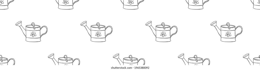 Seamless pattern with watering cans. Hand drawn outline vector background and texture in doodle style, isolated. Gardening tools for working in the garden, on the farm, in the dacha, country site