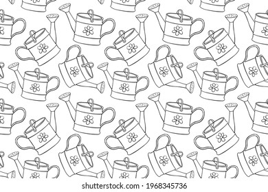 Seamless pattern with watering cans. Hand drawn outline vector background and texture in doodle style, isolated. Gardening tools for working in the garden, on the farm, in the dacha, country site