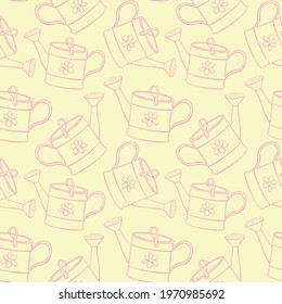 Seamless pattern with watering cans. Hand drawn outline vector background and texture in doodle style, isolated. Gardening tools for working in the garden, on the farm, in the dacha, country site