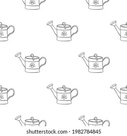 Seamless pattern with watering cans. Hand drawn outline vector background and texture in doodle style, isolated. Gardening tools for working in the garden, on the farm, in the dacha, country site