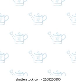 Seamless pattern with watering cans. Hand drawn outline vector background and texture in doodle style, isolated. Gardening tools for working in the garden, on the farm, in the dacha, country site