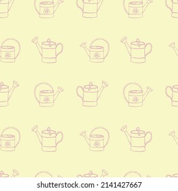 Patrón sin foco con latas de agua. Fondo vectorial del contorno dibujado a mano y textura en estilo doodle, aislado. Herramientas de jardinería para trabajar en el jardín, en la granja, en la dacha, sitio de campo