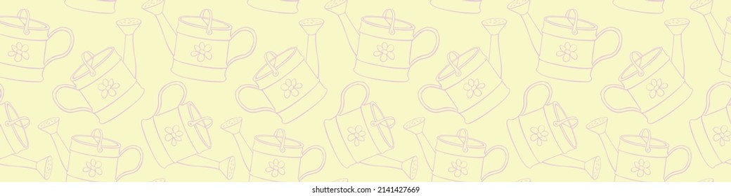 Patrón sin foco con latas de agua. Fondo vectorial del contorno dibujado a mano y textura en estilo doodle, aislado. Herramientas de jardinería para trabajar en el jardín, en la granja, en la dacha, sitio de campo